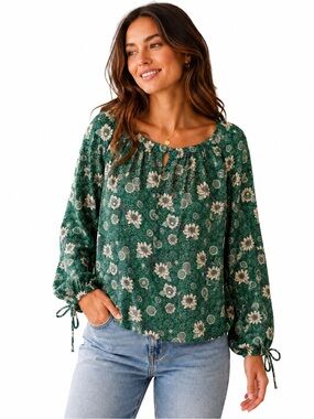 Lucky Brand Green Floral Viscose Boho Blouse Peasant Top Cottagecore Size Small